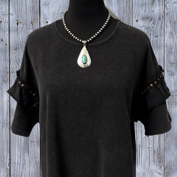 1990s Native American NAVAJO Sterling Silver & Turquoise Teardrop Pendant Stamps - Picture 3 of 3